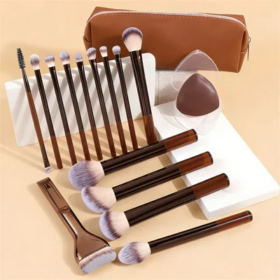 17 Pcs / Set Professional Makeup Brush with Powder Puff Case Dual Color Synthetic Bristles Eye Face Contour - Brown