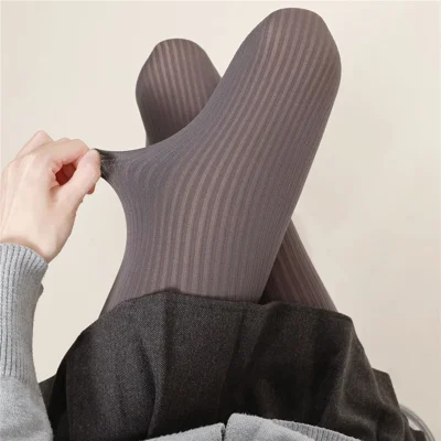 Women Ribbed Tights Autumn Winter Warm Vertical Stripe Leggings Stockings, Size L, 91cm - Dark Grey