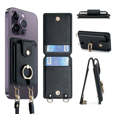 PU-læder tegnebog med crossbody-snøre sæt telefon greb holder kort case med 70-140 cm lang og kort lanyard - Sort