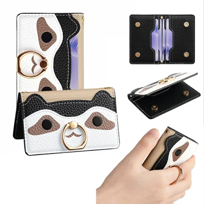 Raccoon Phone Card Holder Adhesive Leather Card Slot Ring Kickstand with 35cm Short Strap 70-140cm Long Strap - Black