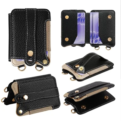 Fishtail Style Card Holder Adhesive Leather Phone Wallet Kickstand with 35cm Short Strap 70-140cm Crossbody Lanyard - Black