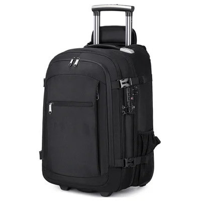 POSO PS-685 Vakuum-Kompressions-Trolley-Rucksack für Geschäftsreisen mit Rädern, wasserdichter Laptop- und Schultertasche – Schwarz