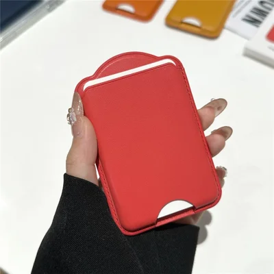 Magnetic Wallet Phone Card Holder Leather Slim Cardholder Strong Magnet Phone Pocket - Red