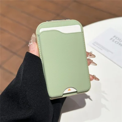 Magnetic Phone Card Holder with Mirror Slim Folding Stand Attachment PU Leather Wallet - Matcha Green