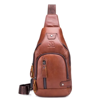 BULLCAPTAIN 129 Top-Layer Cowhide Leather Outdoor Chest Bag Crossbody Sling Bag Casual Daypack - Brown