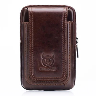 BULLCAPTAIN Vertical Mobile Phone Pouch for 5.5-6.44" Cell Phones Genuine Cowhide Leather Waist Phone Bag - Brown