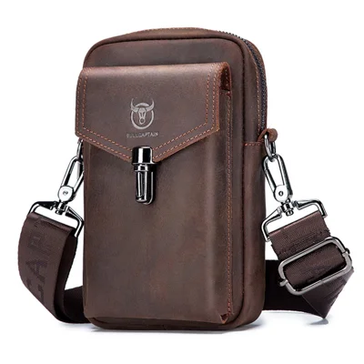 BULLCAPTAIN Crazy Horse Texture Genuine Cowhide Leather Belt Bag for Under 7" Smartphone Waist Pouch with Shoulder Strap - Coffee