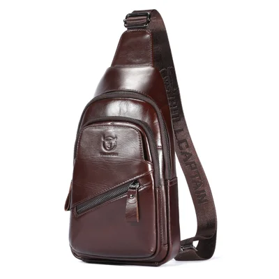 BULLCAPTAIN 0127 Large Chest Bag Top-Layer Cowhide Leather Crossbody Daypack with USB Charging Port - Coffee