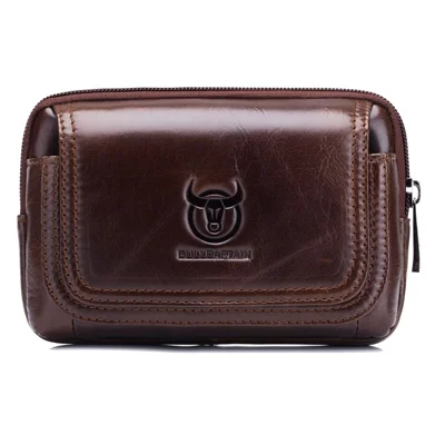 BULLCAPTAIN Horizontal Genuine Cowhide Leather Belt Bag for 5.0-5.5" Smartphone Waist Pouch - Brown