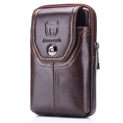 BULLCAPTAIN Genuine Cowhide Leather Phone Pouch for 5.0-5.5" Cell Phones Vertical Belt Bag for Men - Brown