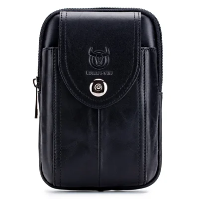 BULLCAPTAIN Vertical Mobile Phone Pouch with Hook for 5.5-6.44" Cell Phones Genuine Cowhide Leather Waist Phone Bag - Black