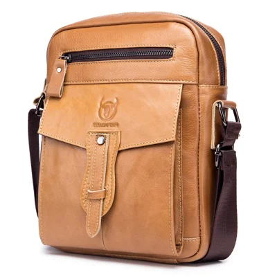 BULLCAPTAIN 053 Large Crossbody Bag Business Style Shoulder Bag Top-Layer Cowhide Leather Travel Bag, Size: S - Yellowish-brown