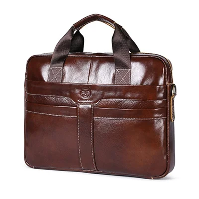 BULLCAPTAIN 053 Business Briefcase Top-Layer Cowhide Leather Handbag Shoulder Bag Laptop Messenger Crossbody Bag - Coffee