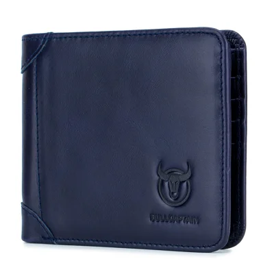 BULLCAPTAIN 031 Business Casual Top Layer Cowhide Men Short Wallet Cards Cash Storage Bag - Blue