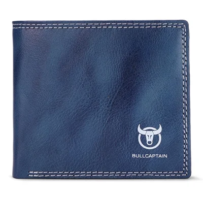 BULLCAPTAIN 032 Top-Layer Cowhide Leather Large Wallet Coin Card Storage Bag with Gift Box Package - Blue