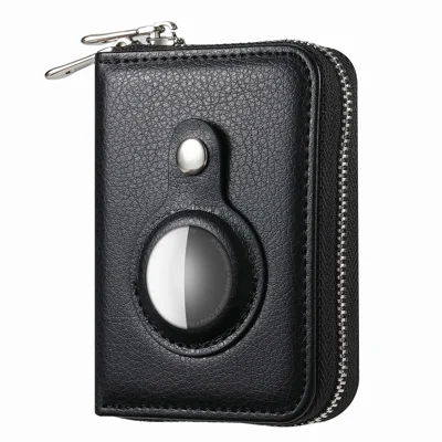 Porta carte di credito RFID Portafoglio in pelle PU con cerniera e custodia integrata per Apple AirTag - Texture Litchi / Nero