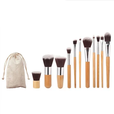 Conjunto de 11 Pçs de Pincéis de Maquiagem com Cabos de Bambu Natural para Maquiagem