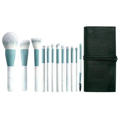 12Pcs / Set Soft Artificial Fiber Brush Set for Eye Shadow, Highlight, Foundation Powder (with Storage Pouch) - Green