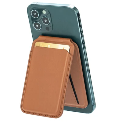 Magnetische PU-lederen kaarthouder met standaard voor iPhone 12-15-serie, bruin