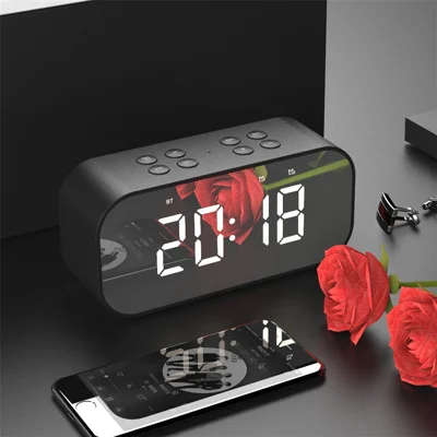 Черный - AEC BT501 Портативная колонка с Bluetooth 5.0, цифровые часы со светодиодной подсветкой, зеркало, поддержка Aux-in/TF карты