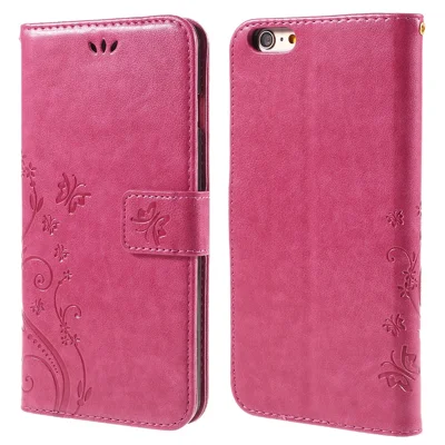 Billetera de cuero con mariposa y soporte para iPhone 6s 6 de 4.7 pulgadas con cierre magnético reversible - Rosa