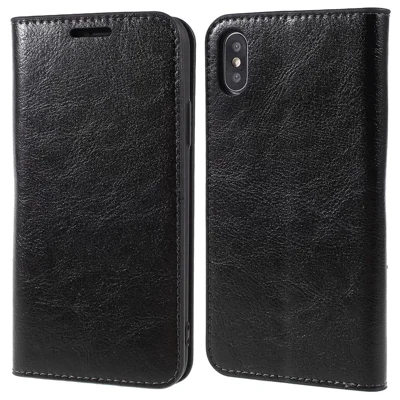 Crazy Horse Genuine Leather Case para iPhone X 5.8 polegadas, Carteira de pé dobrável Capa protetora - Preto