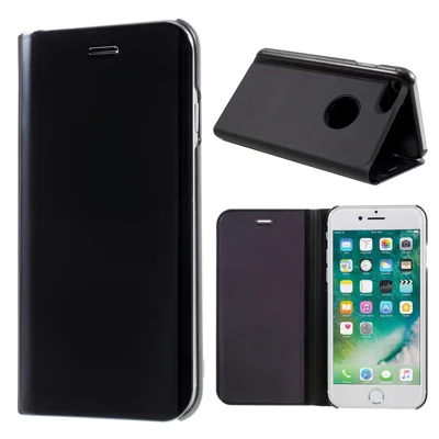 För iPhone SE (2020)/SE (2022)/8/7 4,7 tum Förpläterad Spegelyta Läderskal med Ställfunktion Anti-skrap Skal för Mobiltelefon - Svart