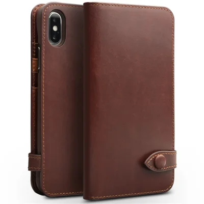 QIALINO Crazy Horse Texture Cowhide Leather Wallet Smart Phone Case for iPhone X / Xs - Brown