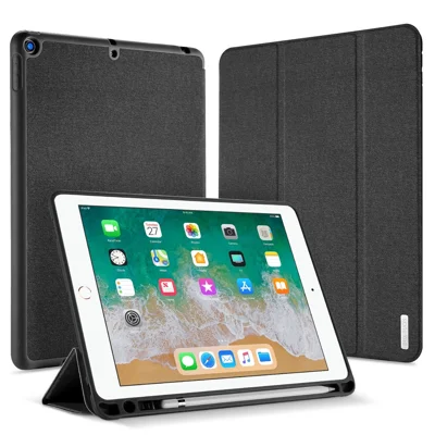 DUX DUCIS DOMO Series Tri-fold Stand PU Leather Smart Auto Wake/Sleep Cover with Pen Groove for iPad 9.7-inch (2018) / (2017) - Black