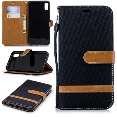 Para Iphone XR 6,1 Polegadas de Jeans Colorido de Calça de Pano de Pano de Couro Capa de Couro - Preto