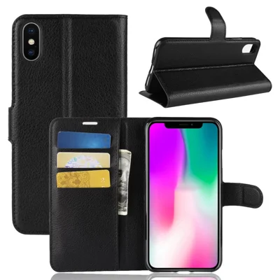 Для iPhone XR 6.1 дюйма Folio Flip Litchi Texture Leather Wallet Stand Cell Phone Cover Shell - Чёрный