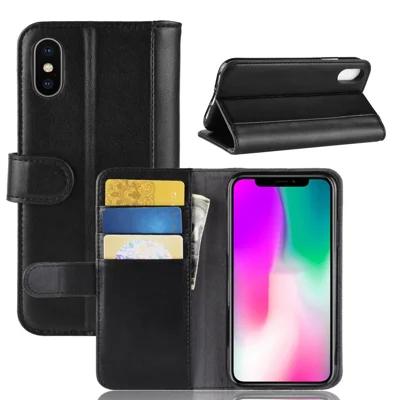 Чехол для iPhone XR из натуральной расщепленной кожи с отделением для карт и подставкой - Черный