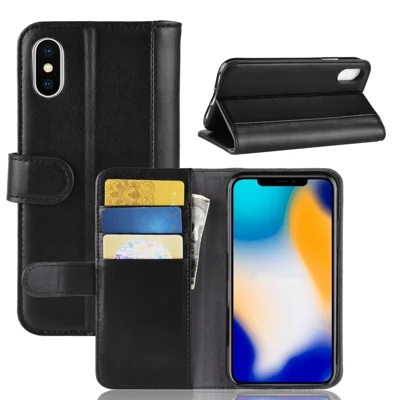 Handyhülle aus echtem Spaltleder für iPhone XS Max mit Geldbörse und Ständer - Schwarz