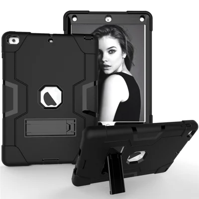 For iPad 9.7-inch (2018)/iPad 9.7-inch (2017) Bi-color PC Silicone Tablet Case Kickstand Anti-drop Hybrid Cover  - All Black