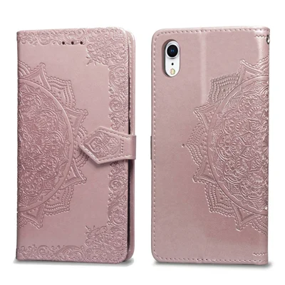 Boîtier De Téléphone Portable En Cuir De Fleur De Fleurs Imprimé Demi-mandala Pour IPhone XR 6.1 Pouces - Or Rose