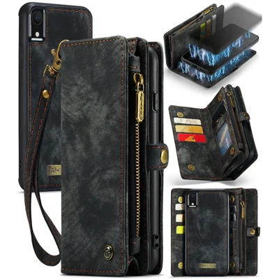 CASEME 008 Series Защитная крышка для iPhone XR 6.1 дюйма, 2-в-1 Многослотовый бумажник с винтажной кожей PU - Черный