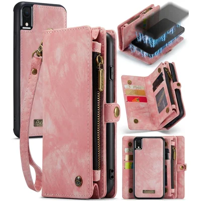 CASEME 008 Series Protective Cover for iPhone XR 6.1 inch, 2-in-1 Multi-slot Wallet Vintage PU Leather Case - Pink