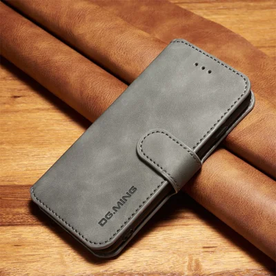 DG.MING Retro Style Wallet Cell Phone Cover for iPhone 7/8/SE (2022)/SE (2020) Leather Stand Case - Grey