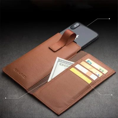 QIALINO Cowhide Leather Pouch Wallet Phone Cover for iPhone XS Max 6.5 inch - Brown