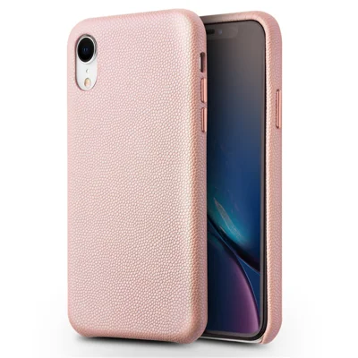QIALINO Delicate Litchi Texture Calf Skin Genuine Leather Coated PC Back Shell for iPhone XR 6.1 inch - Pink