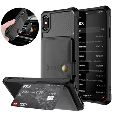 Leather Coated TPU Wallet Kickstand Casing with Built-in Magnetic Sheet for iPhone XS 5.8 inch - Black
