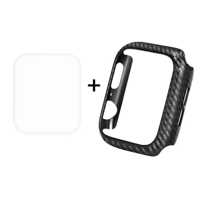 HAT PRINCE for Apple Watch Series SE3 / SE2 / SE1 /  6 / 5 / 4 44mm Carbon Fiber Texture TPU Protective Case + 3D Full Size Curved Hot Bending HD Clear PET Film