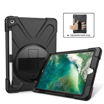 For iPad 9.7-inch (2018) / (2017) [X-Shape] PC + TPU Combo Case / 360 Degree Swivel Kickstand / Hand Strap and Shoulder Strap - Black