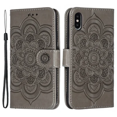 Capa de Carteira de Couro com Impressão de Flor Mandala para iPhone X/XS com Slot para Foto - Cinza