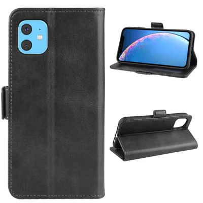 Funda para iPhone 11 Textura de Becerro Cartera Soporte Cubierta de Teléfono - Negro
