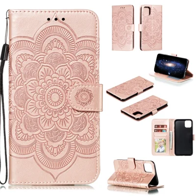 Запечатленный Sun Mandala Цветочный Узор Кожаный Кошелек Shell Для IPhone 11 Pro Max 6,5 Дюйма (2019) - Розовое Золото
