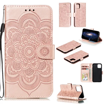 Imprimerad sol mandala blomstermönstrad läderplånbok mobilskal till iPhone 11 Pro 5,8 tum (2019) - Rosa