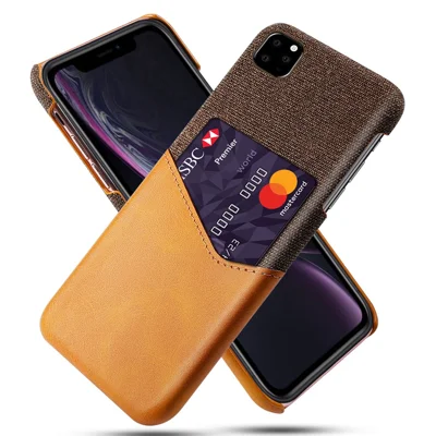 Card Pocket Holder Phone Case for iPhone 11 6.1 inch, PC + PU + Cloth Hybrid Back Cover - Orange
