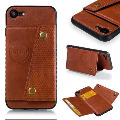 Kickstand Card Holder PU Leather Coated TPU Case [Built-in Vehicle Magnetic Sheet] for iPhone 8/7/SE (2020)/SE (2022) - Brown