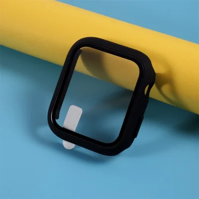 Multiple Colors PC Frame Cover Shell with Glass Screen Protector Film for Apple Watch Series SE3 / SE2 / SE1 /  6 / 5 / 4 44mm - Black